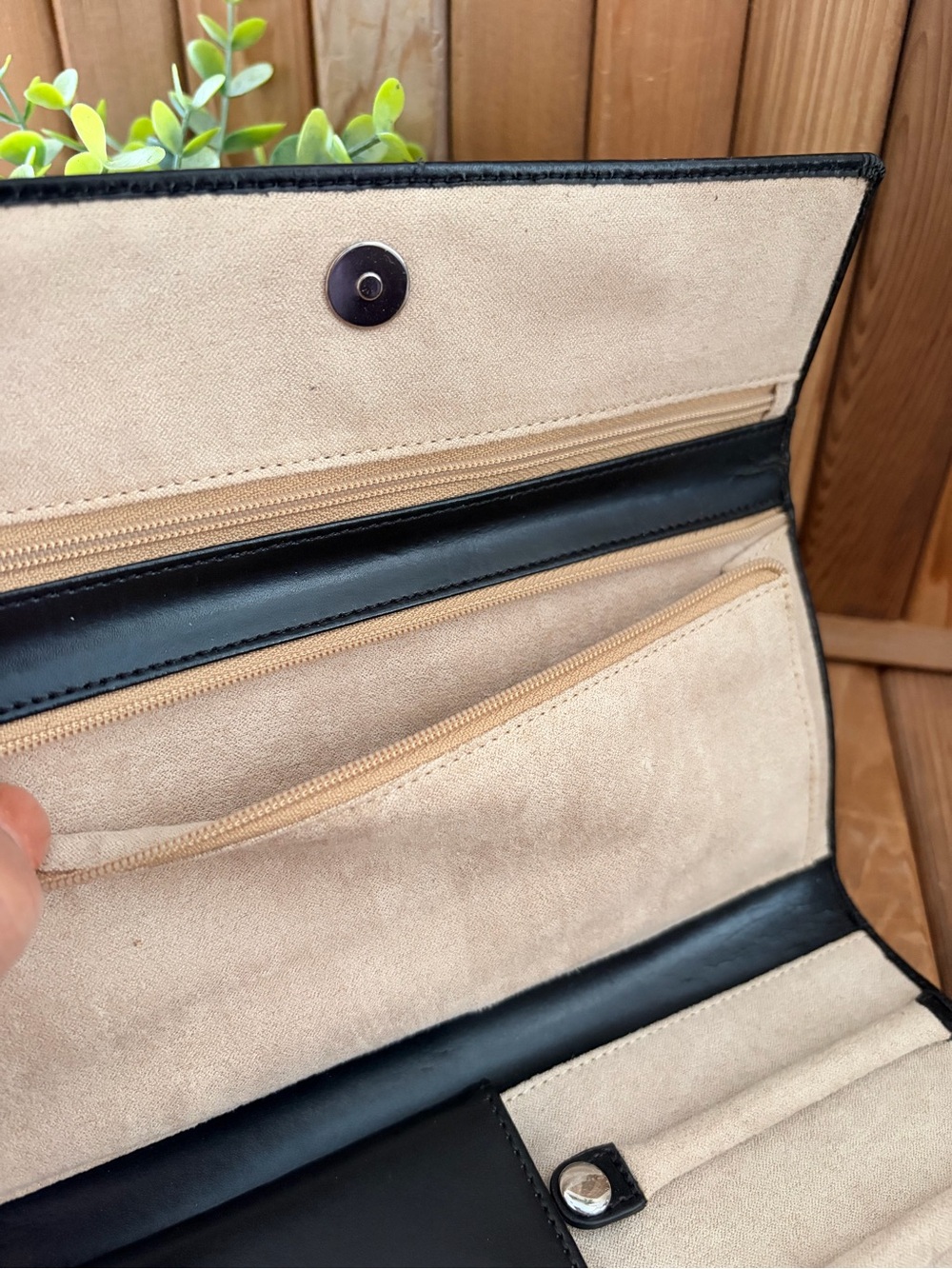 Black Patent Leather and Beige Suede Jewelry Roll Travel Organizer, Red Envelope - Picture 7 of 11